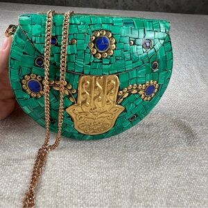 Ramla Handmade Moroccan‎ Green Mosaic Clutch with Gold Accents